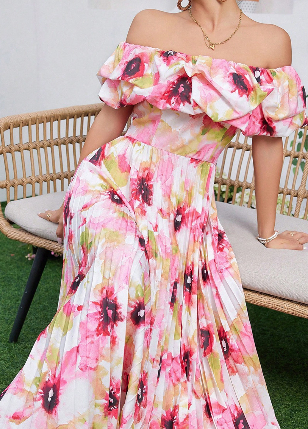 Комбинированное кэжуал платье с открытыми плечами, плиссированное SHEIN с цветочным принтом