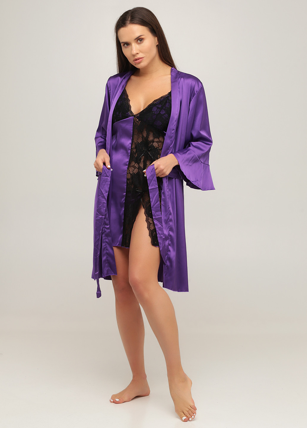 Фиолетовый демисезонный комплект (ночная рубашка, халат, трусики) Radda