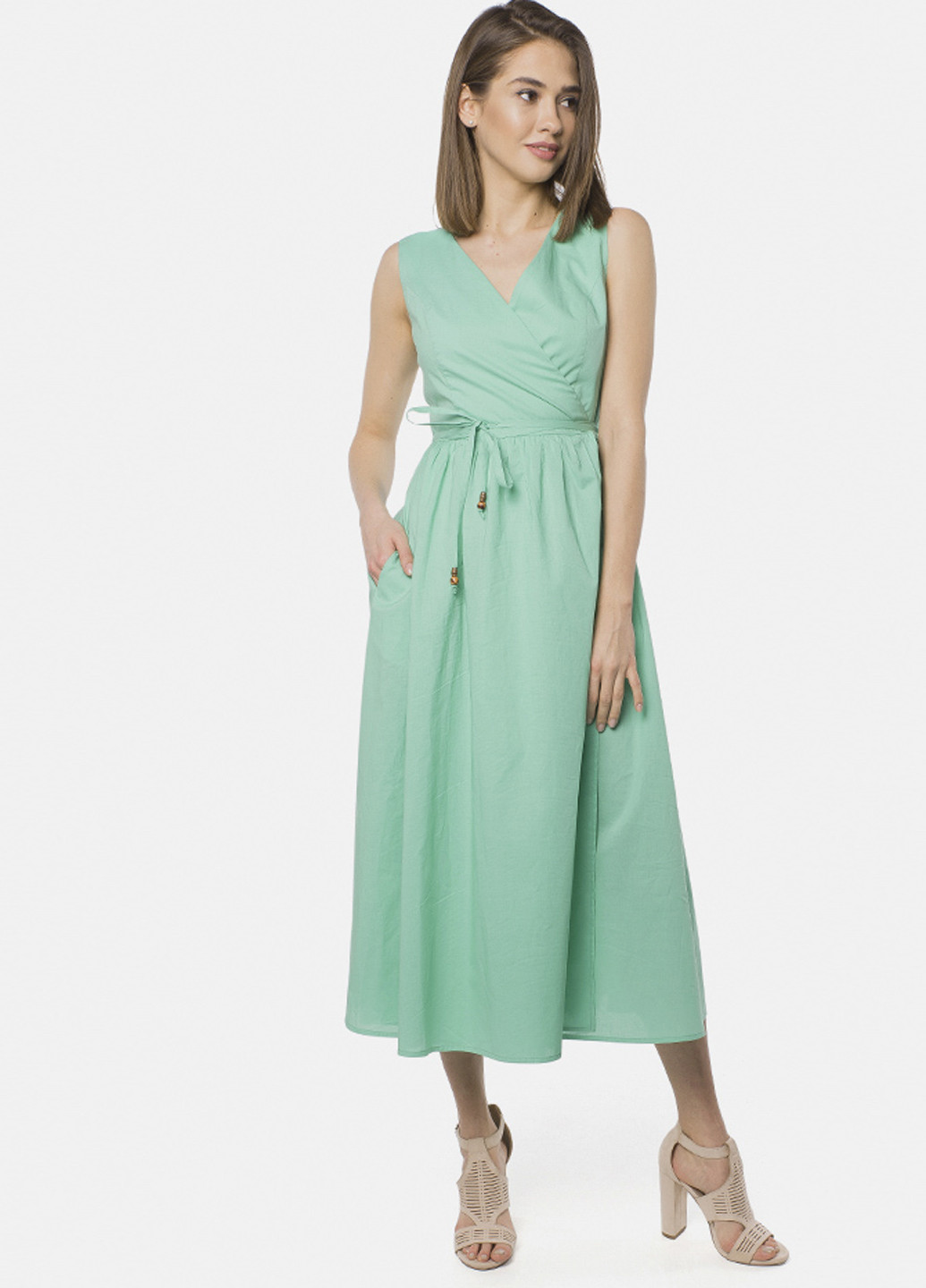 Зеленое кэжуал платье на запах MR 520 однотонное