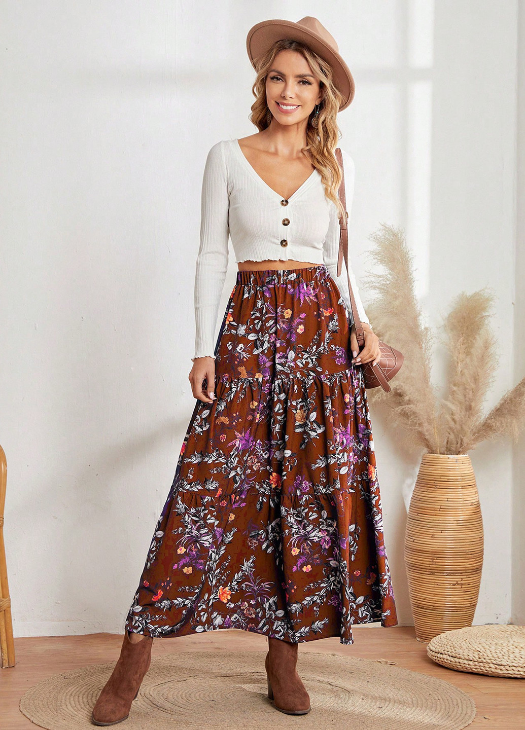 Коричневая кэжуал цветочной расцветки юбка SHEIN