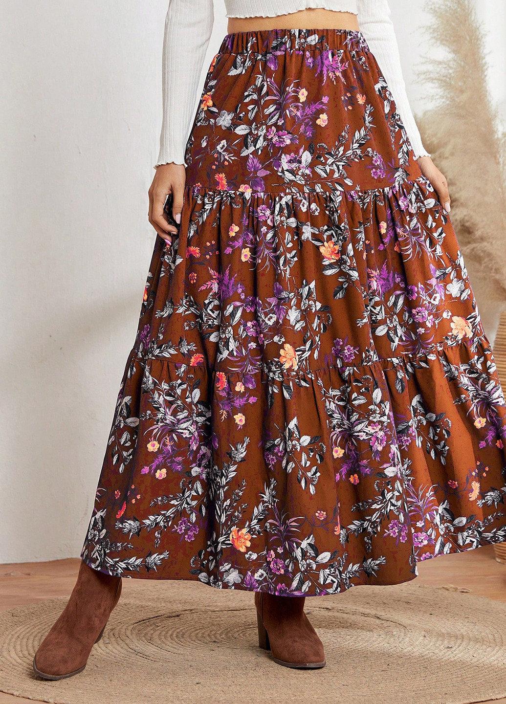 Коричневая кэжуал цветочной расцветки юбка SHEIN