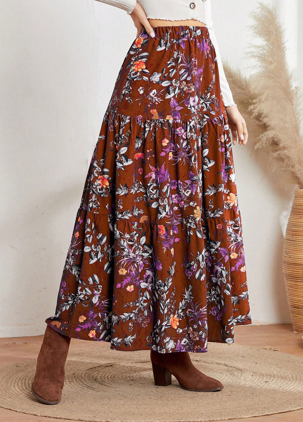 Коричневая кэжуал цветочной расцветки юбка SHEIN