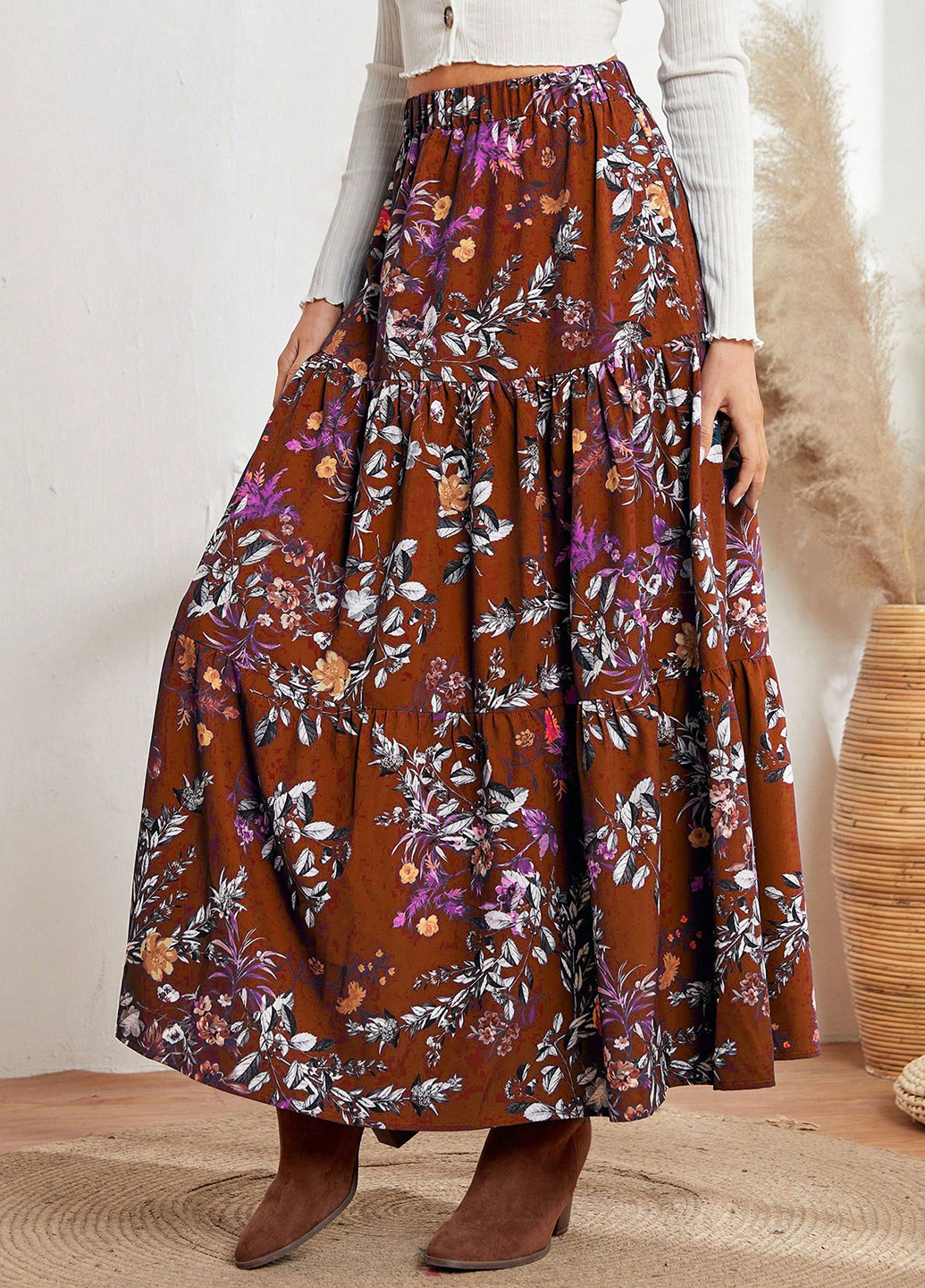 Коричневая кэжуал цветочной расцветки юбка SHEIN