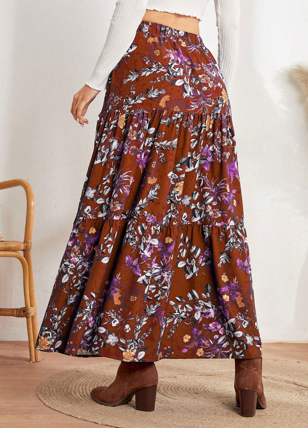 Коричневая кэжуал цветочной расцветки юбка SHEIN