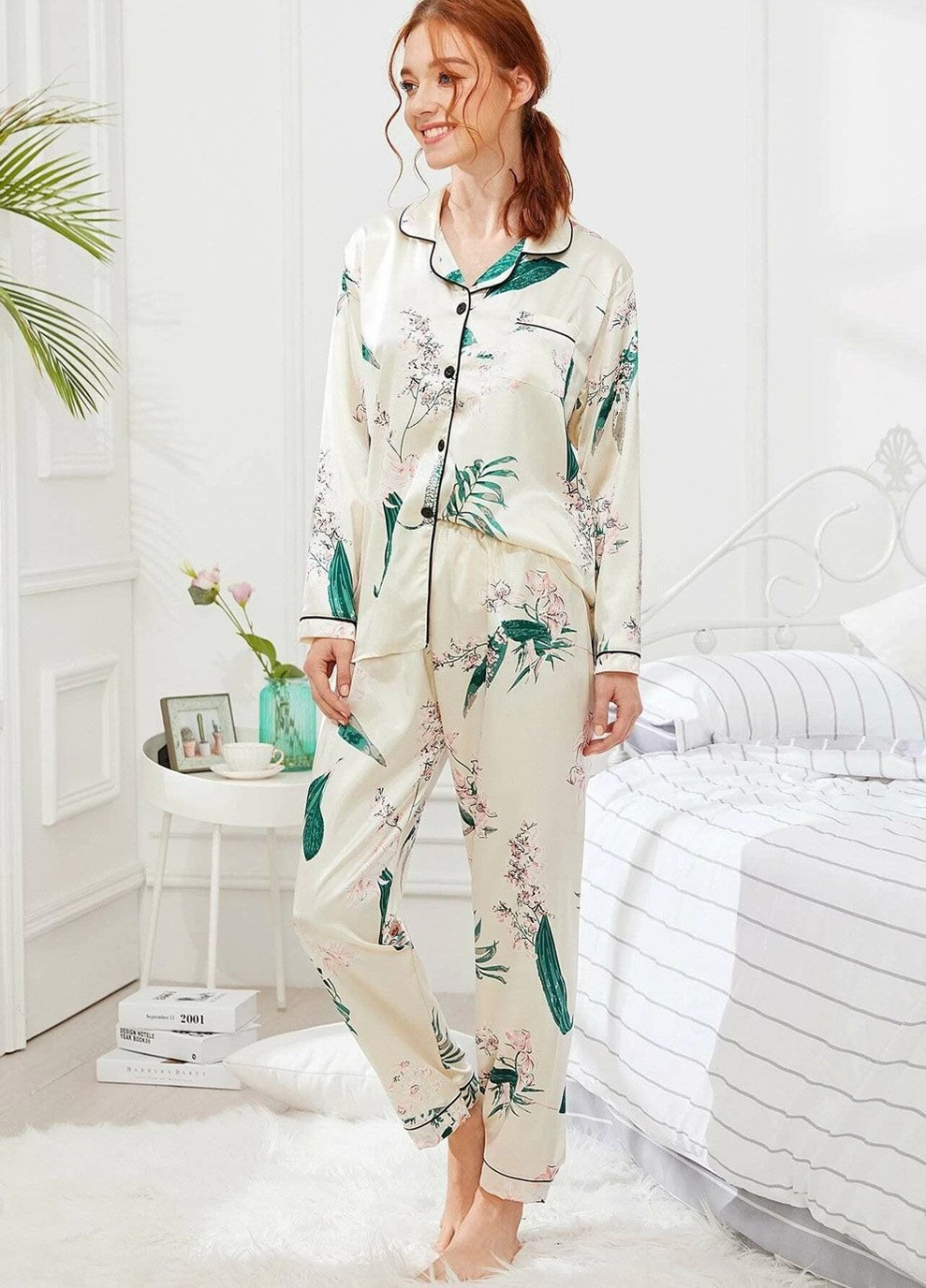 Молочная всесезон пижама женская flora рубашка + брюки Berni Fashion 58393