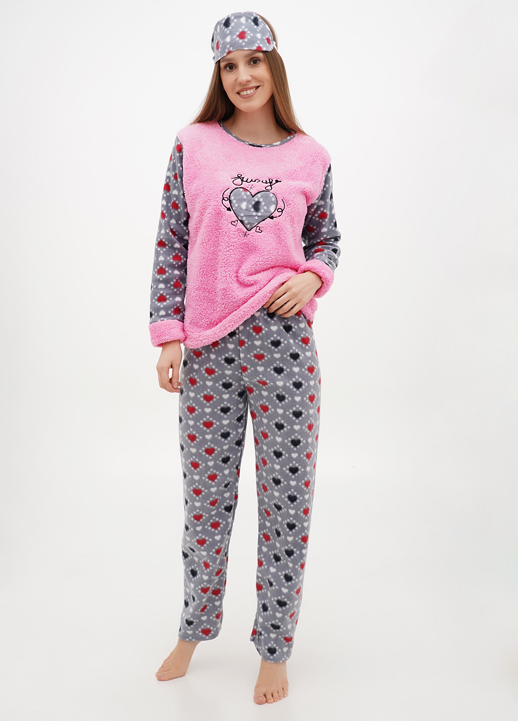 Розовая зимняя пижама (свитшот, брюки, маска для сна) Adalya