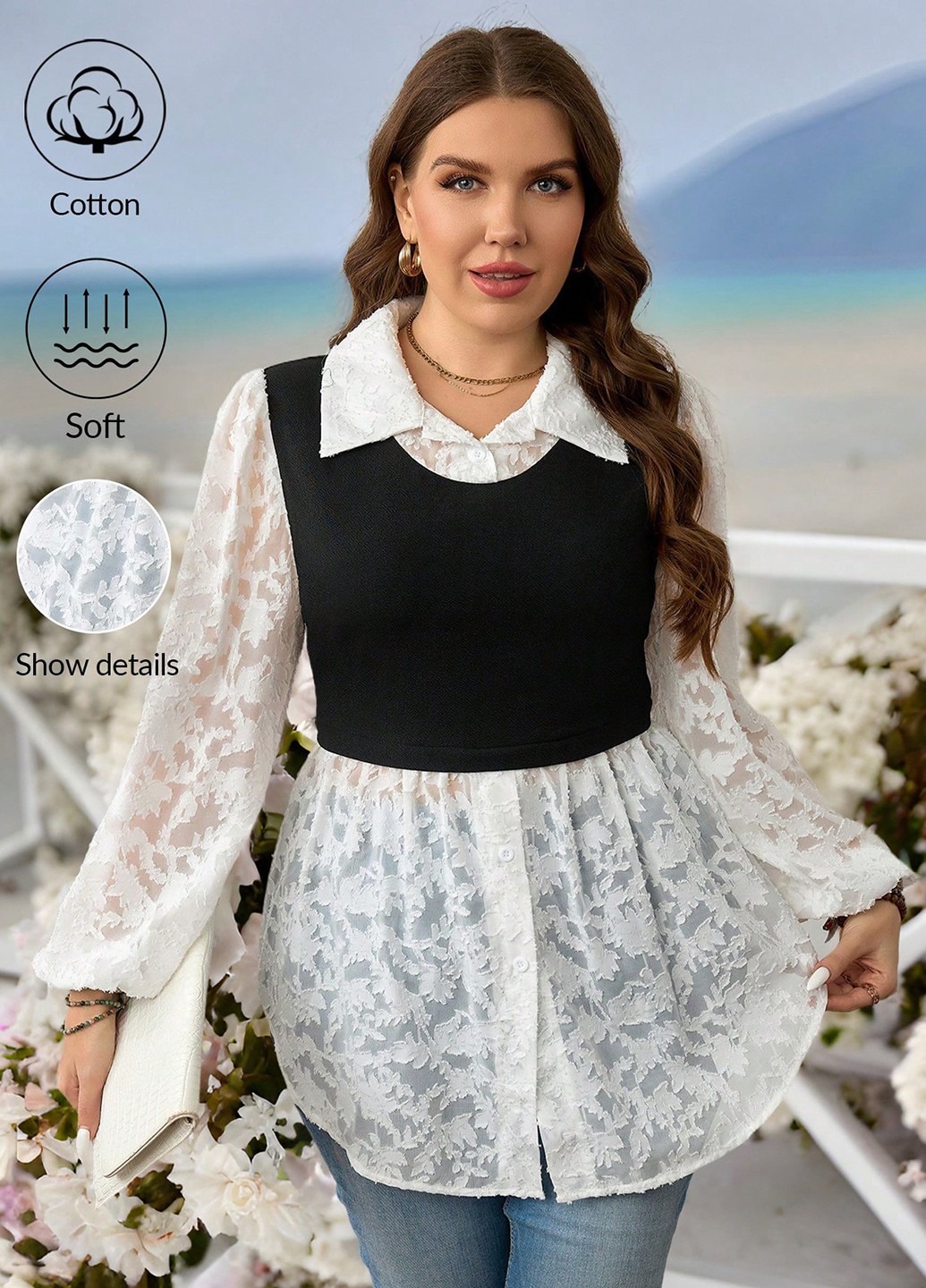 Чорно-біла блуза з баскою SHEIN