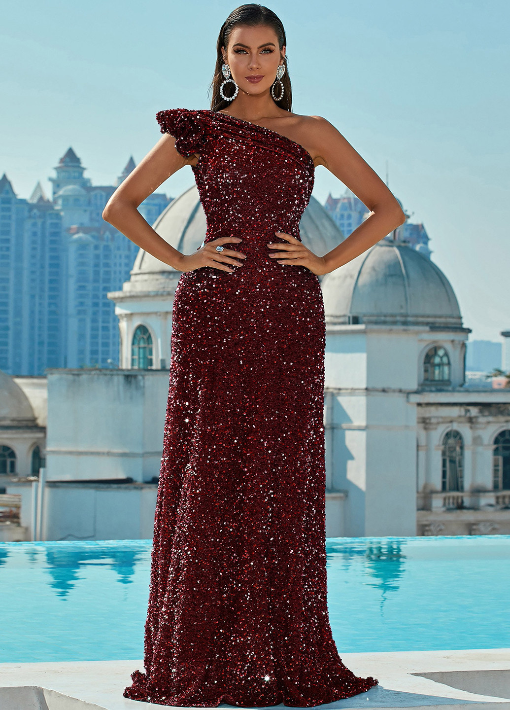 Бордова вечірня сукня на одне плече SHEIN однотонна