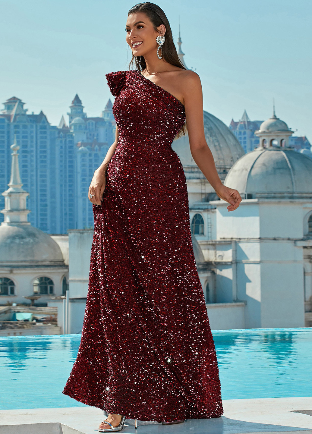 Бордова вечірня сукня на одне плече SHEIN однотонна