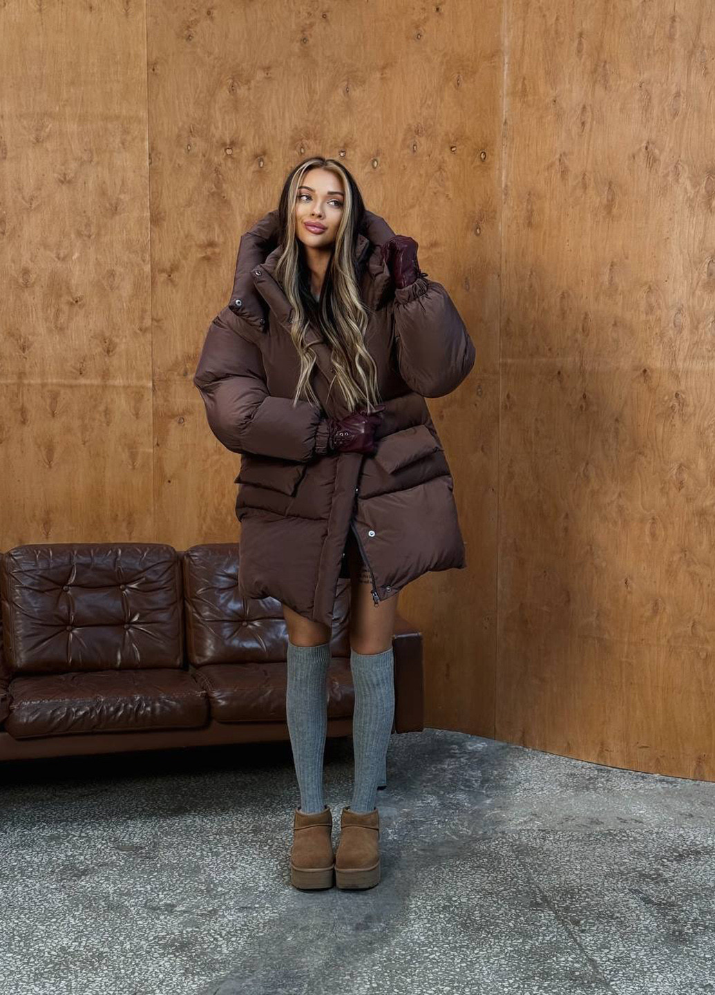 Коричневый зимний Пуховик No Brand