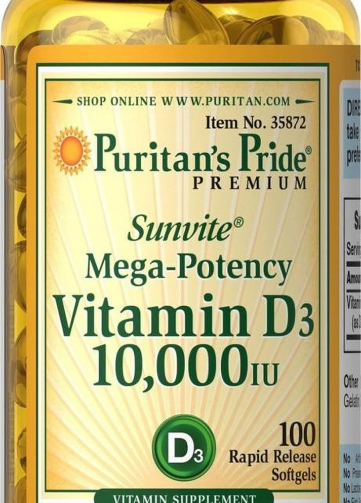 Витамин D-3 Vitamin D3 250mcg(10000 IU) Mega-Potency 100 softgels Puritans Pride (232599779)