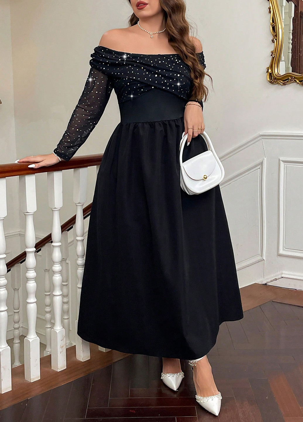 Черное праздничный, вечернее платье клеш, а-силуэт, с открытой спиной SHEIN однотонное