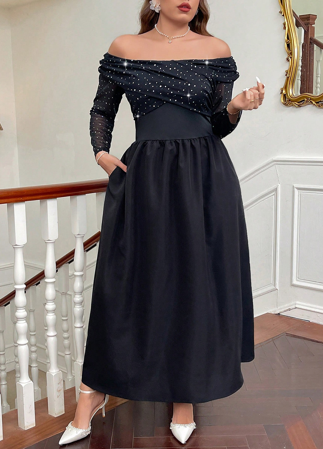 Черное праздничный, вечернее платье клеш, а-силуэт, с открытой спиной SHEIN однотонное