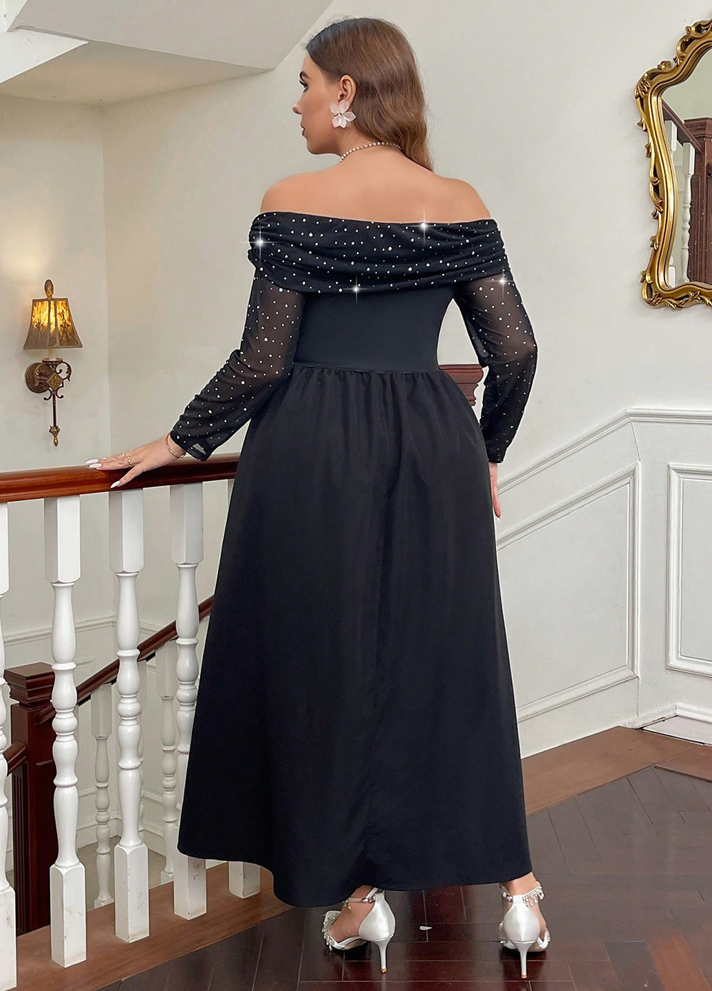 Черное праздничный, вечернее платье клеш, а-силуэт, с открытой спиной SHEIN однотонное