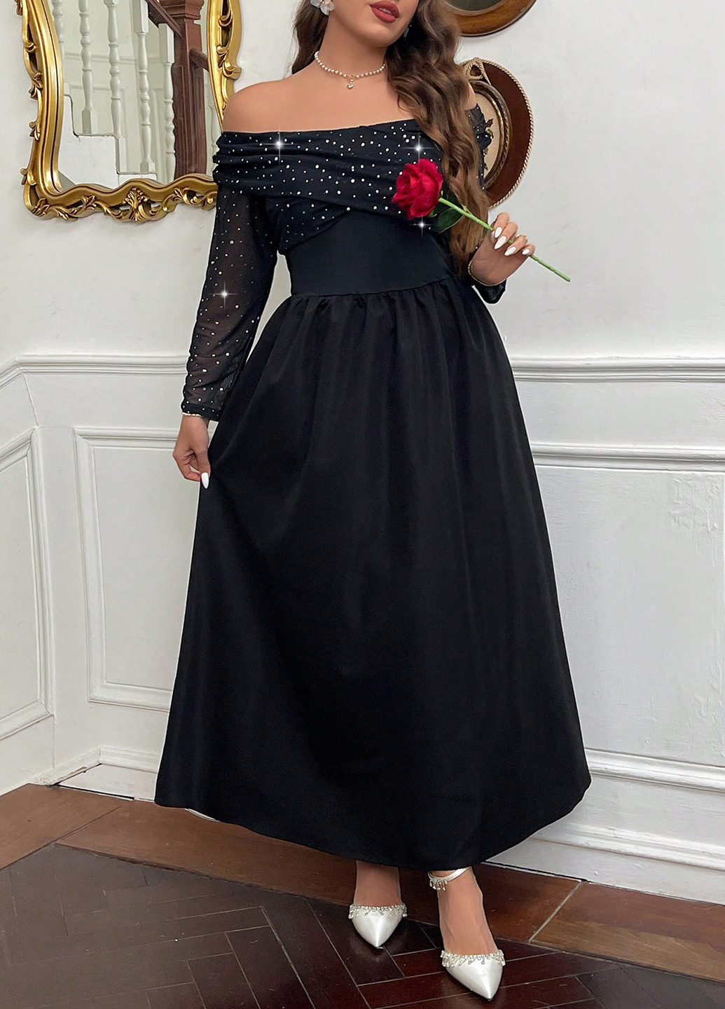 Черное праздничный, вечернее платье клеш, а-силуэт, с открытой спиной SHEIN однотонное