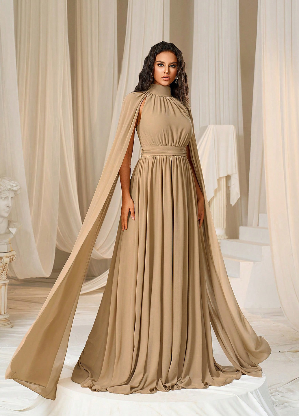 Темно-бежева вечірня сукня з спідницею-сонце, сукня-кейп SHEIN однотонна