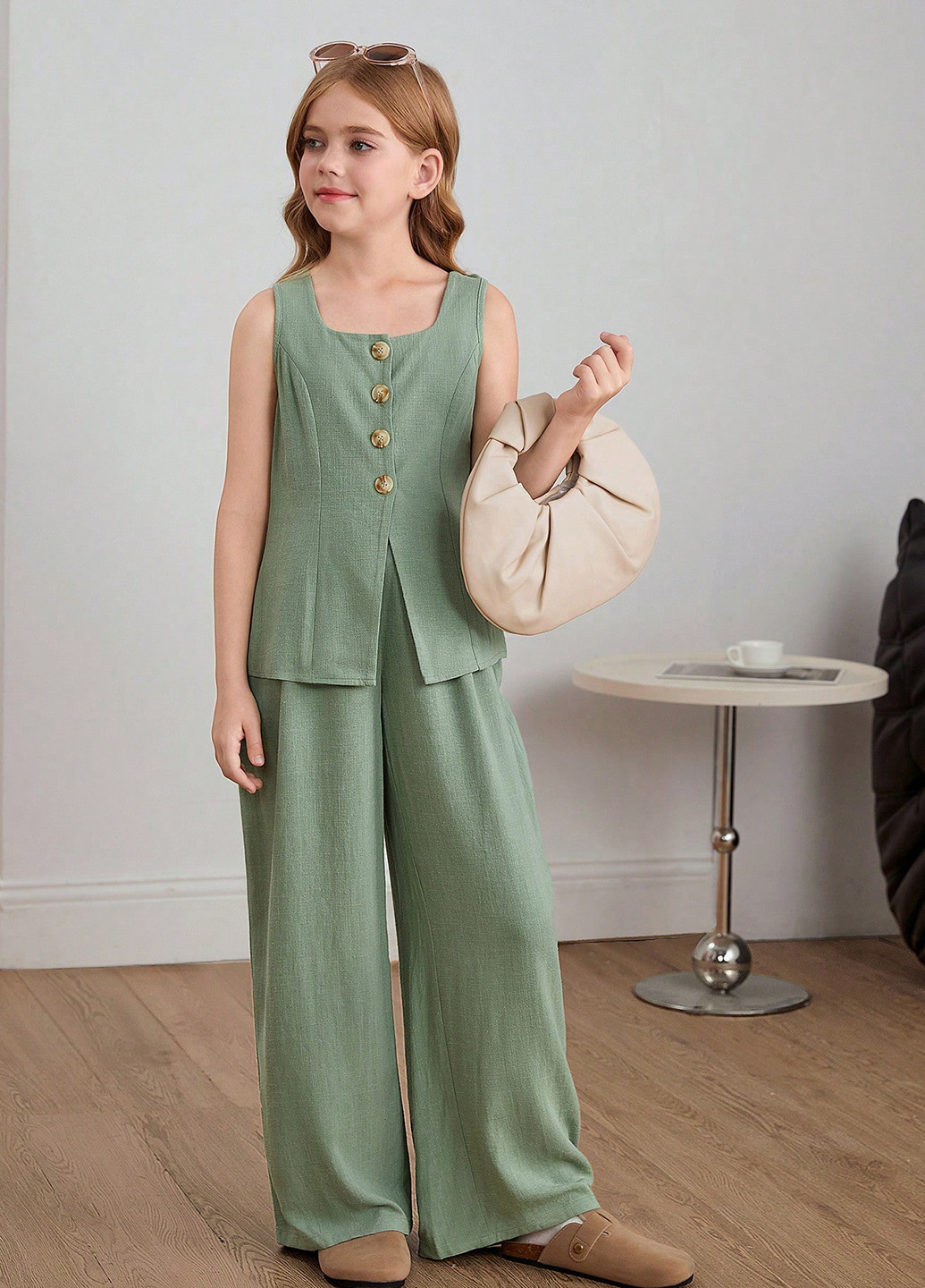 Светло-зеленый летний костюм (блуза, брюки) SHEIN