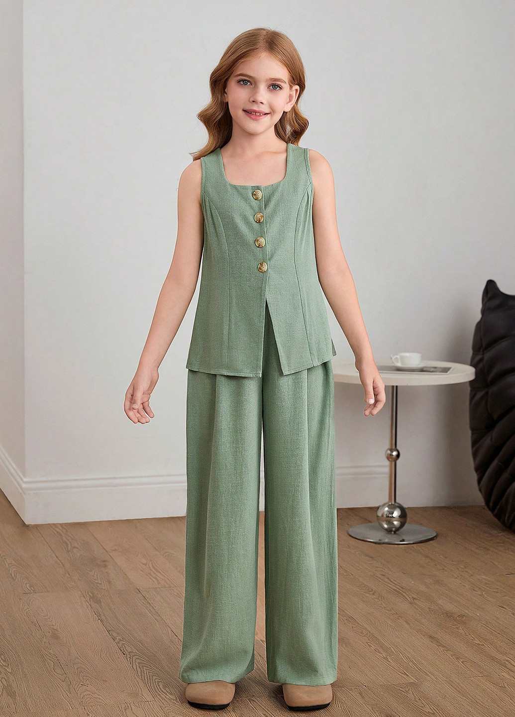 Светло-зеленый летний костюм (блуза, брюки) SHEIN