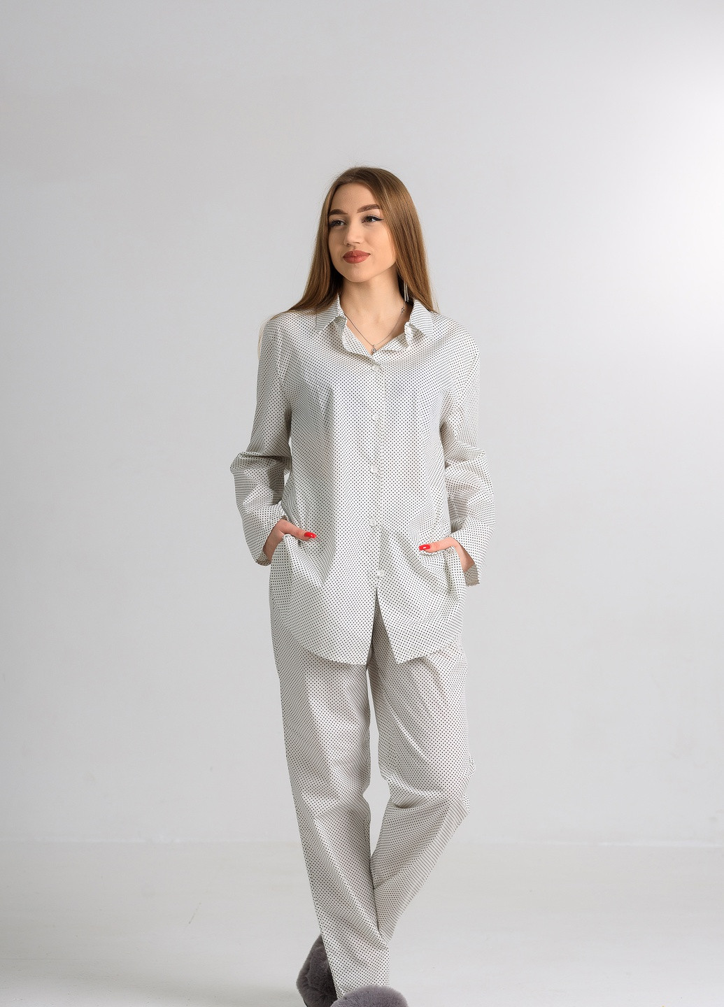 Белая всесезон белая в горошек пижама (рубашка+брюки) рубашка + брюки SONTSVIT