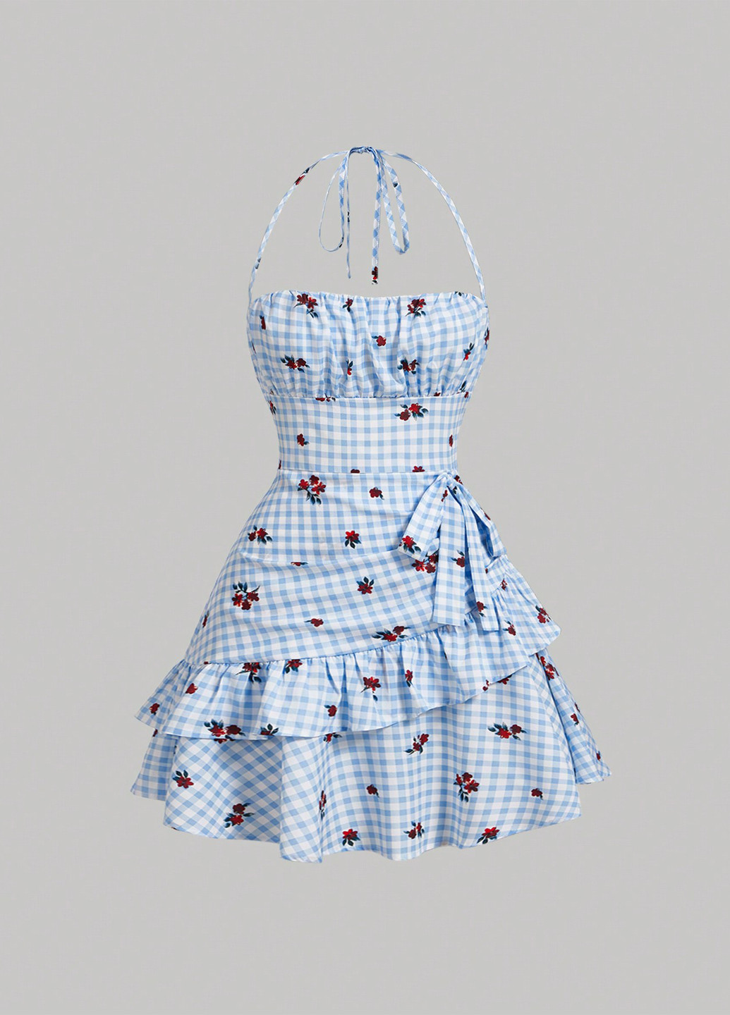 Блакитна святковий, кежуал сукня а-силует, з відкритою спиною, бебі долл SHEIN в клітинку