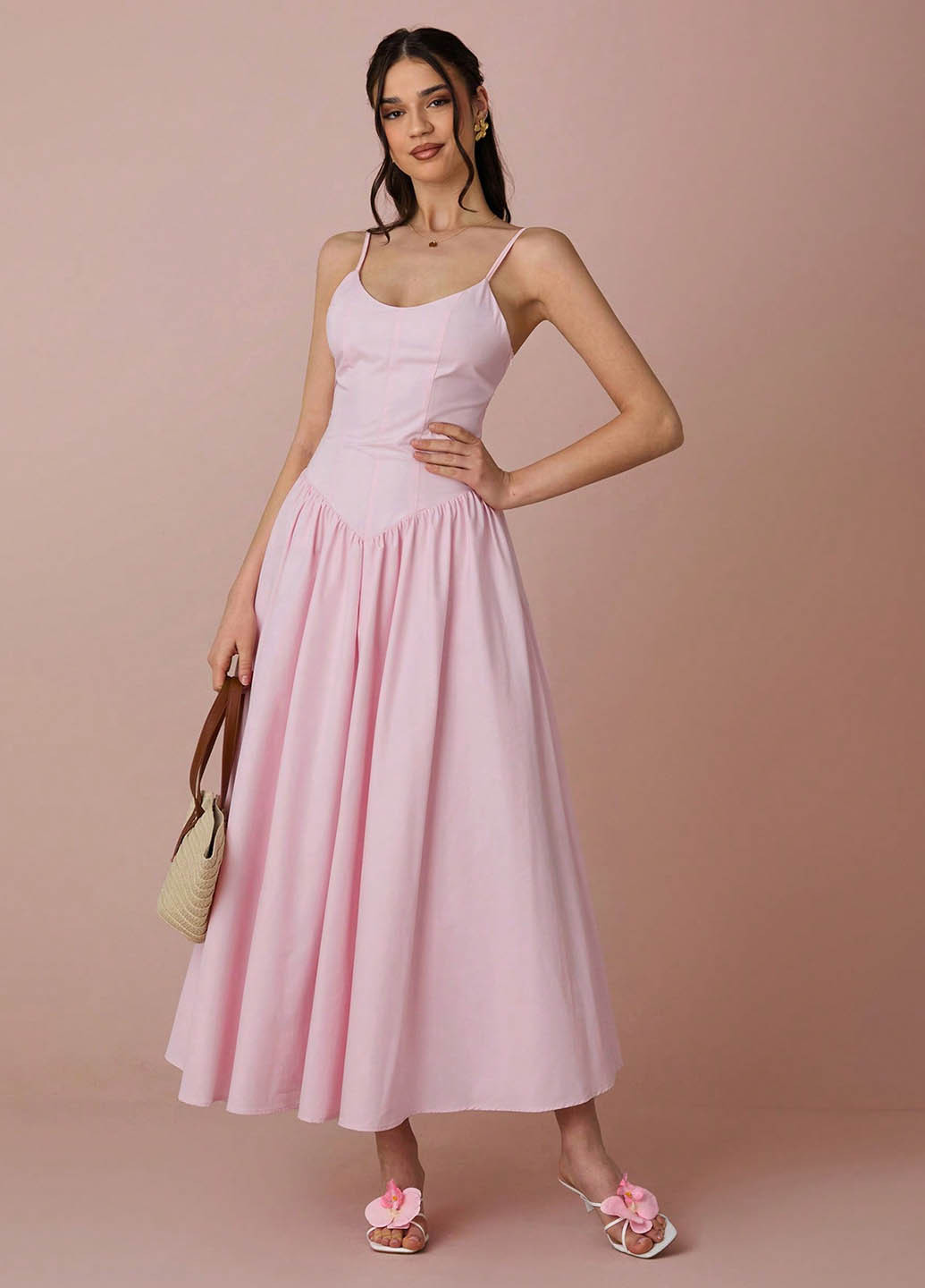 Розовое вечернее, кэжуал платье с пышной юбкой SHEIN однотонное