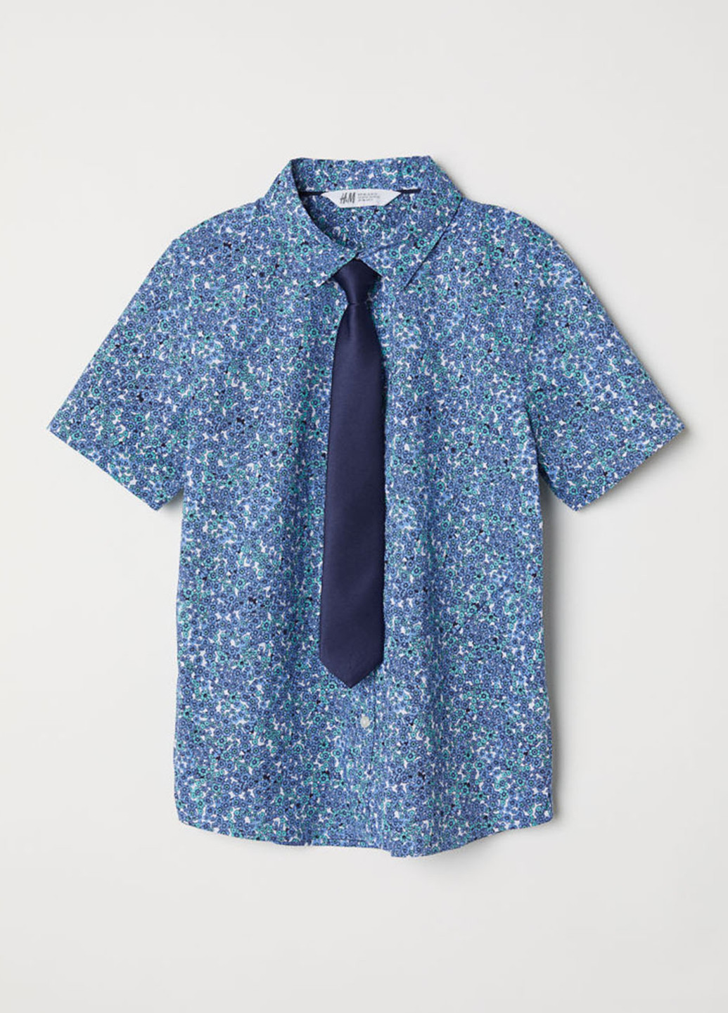Синяя кэжуал рубашка с цветами H&M с коротким рукавом