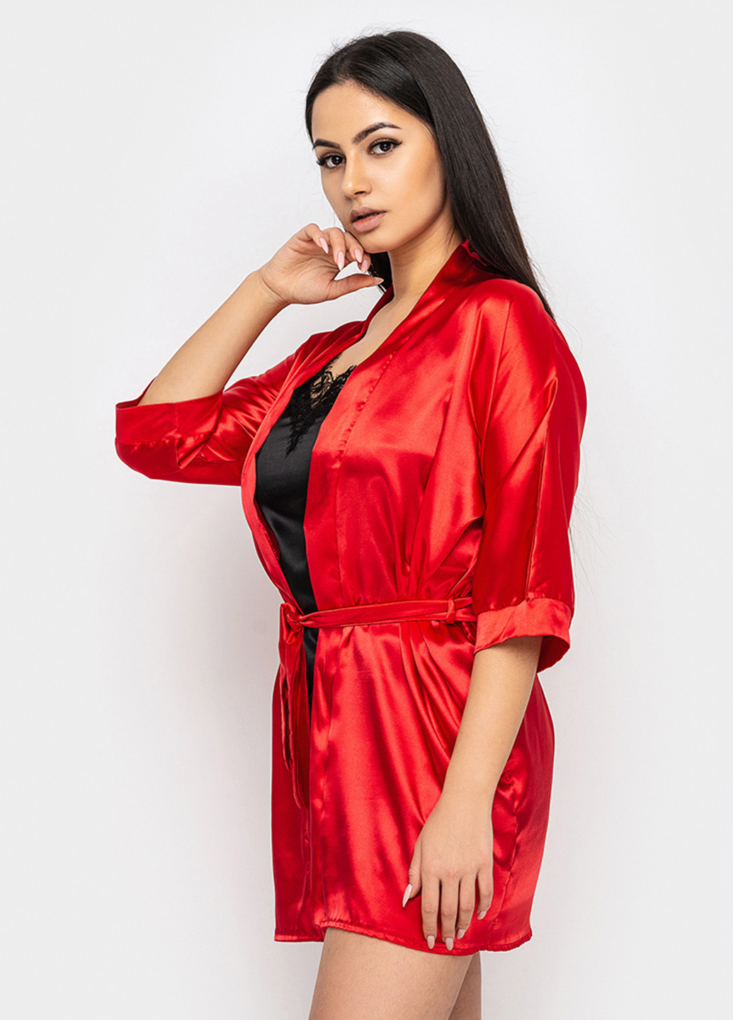Красный демисезонный комплект (халат, топ, шорты) Ghazel