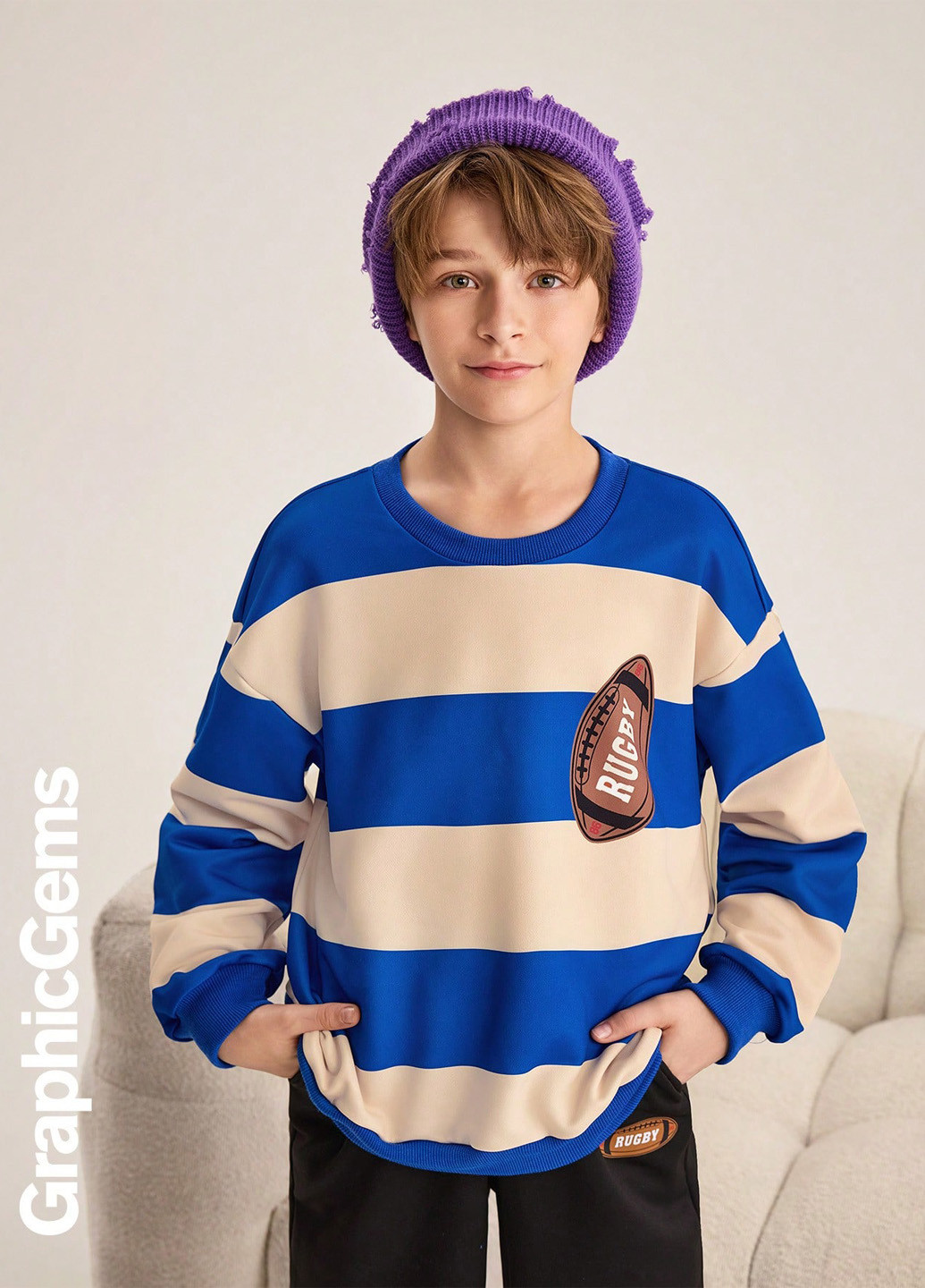 SHEIN свитшот полоска синий кэжуал полиэстер