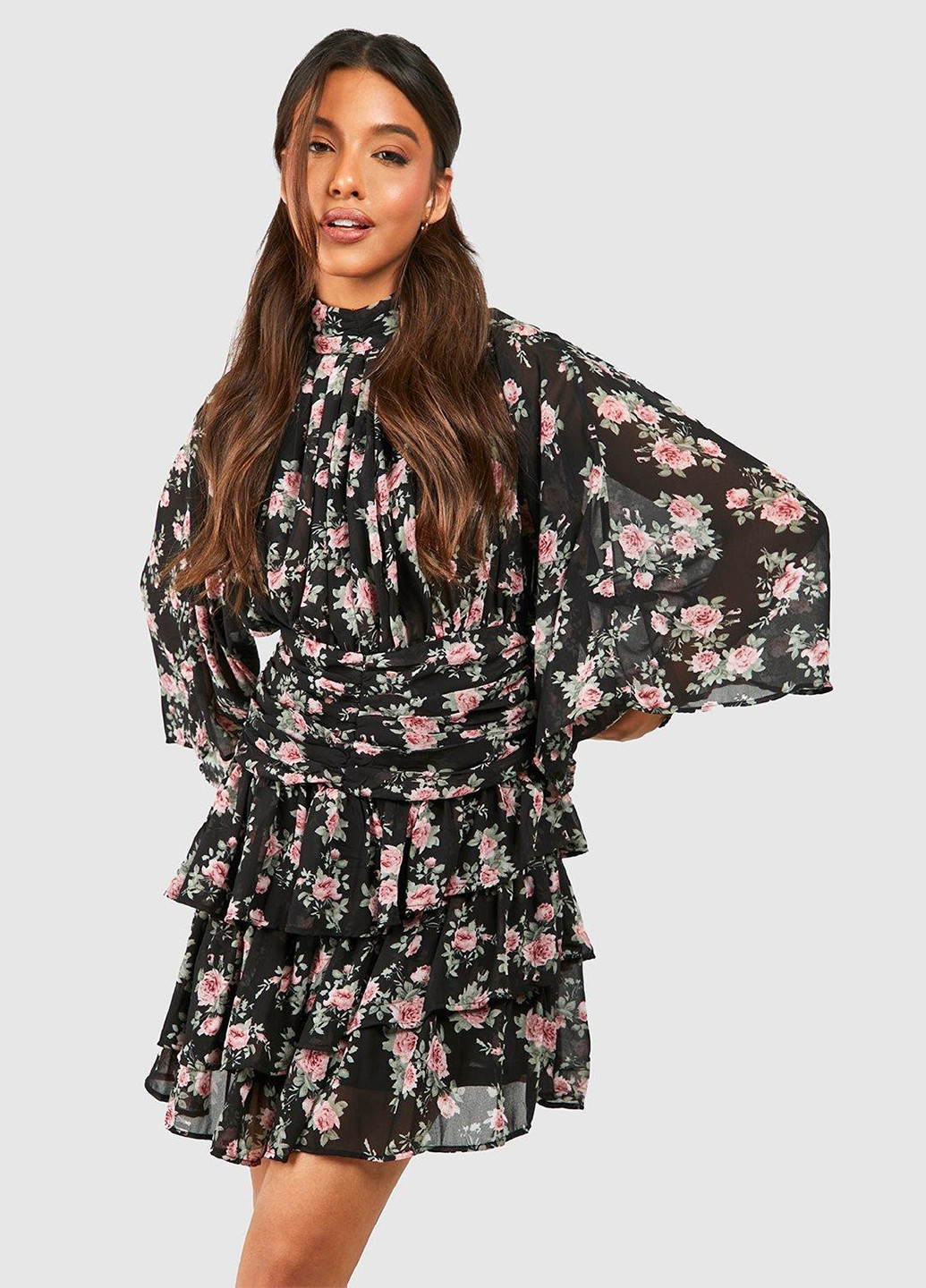 Чорна кежуал сукня кльош Boohoo з квітковим принтом