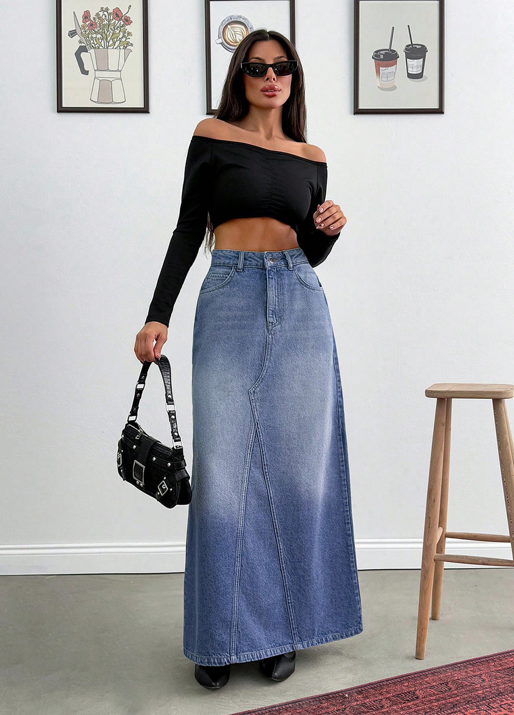 Синяя джинсовая, кэжуал однотонная юбка SHEIN а-силуэта (трапеция)