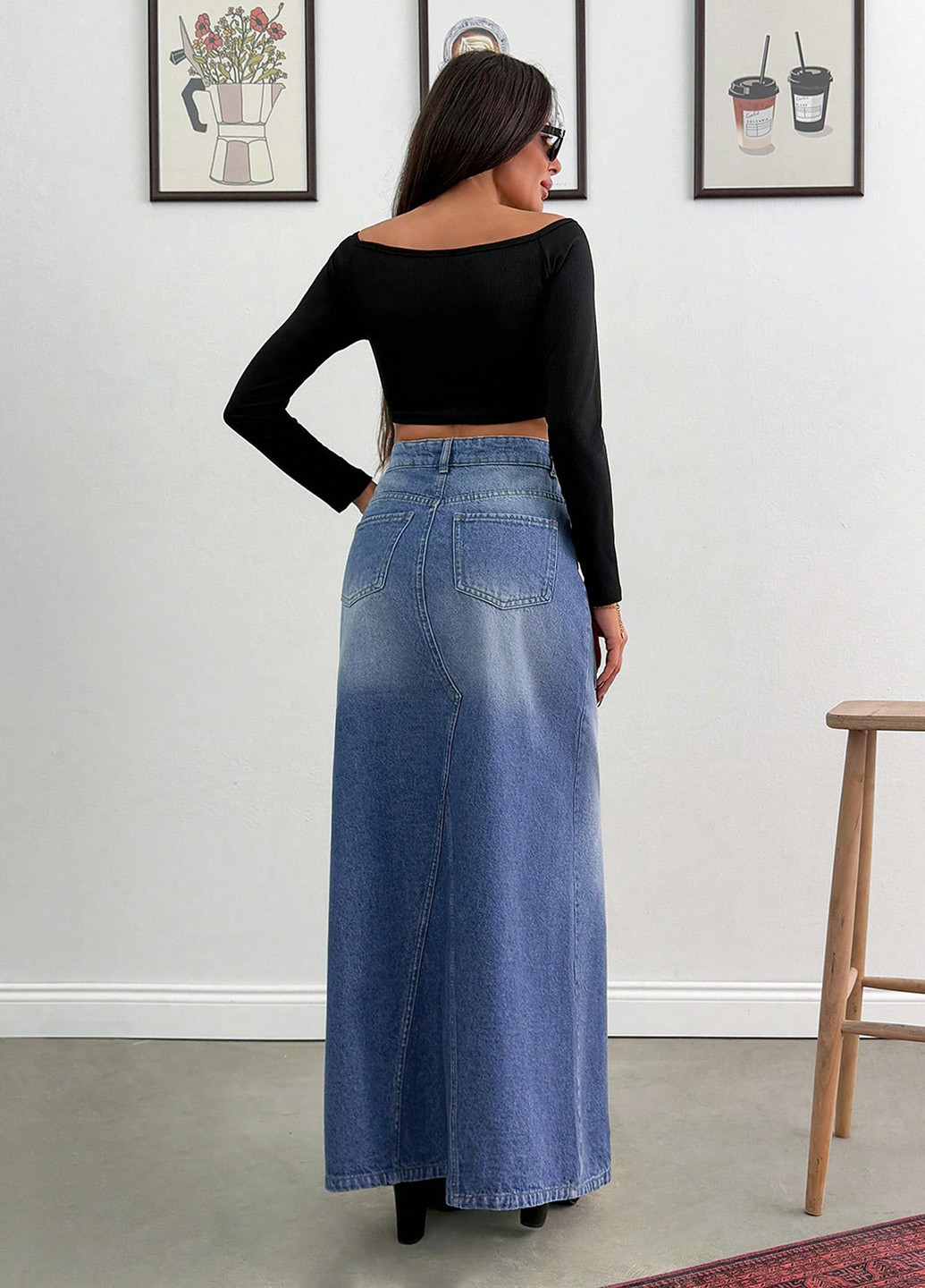 Синяя джинсовая, кэжуал однотонная юбка SHEIN а-силуэта (трапеция)