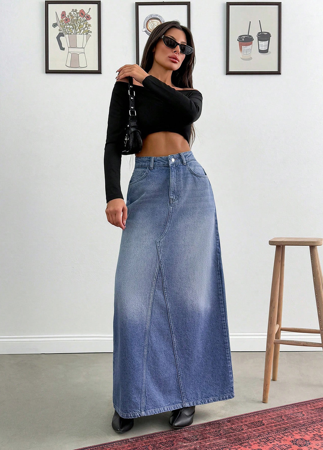 Синяя джинсовая, кэжуал однотонная юбка SHEIN а-силуэта (трапеция)