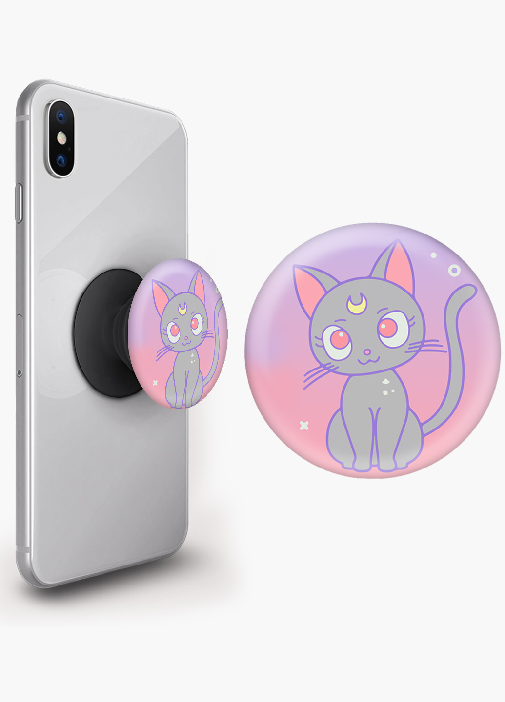 Попсокет (Popsockets) держатель для смартфона Луна Кошки Сейлор Мун (anime Sailor Moon Cats) (8754-2920) Черный MobiPrint (229014792)