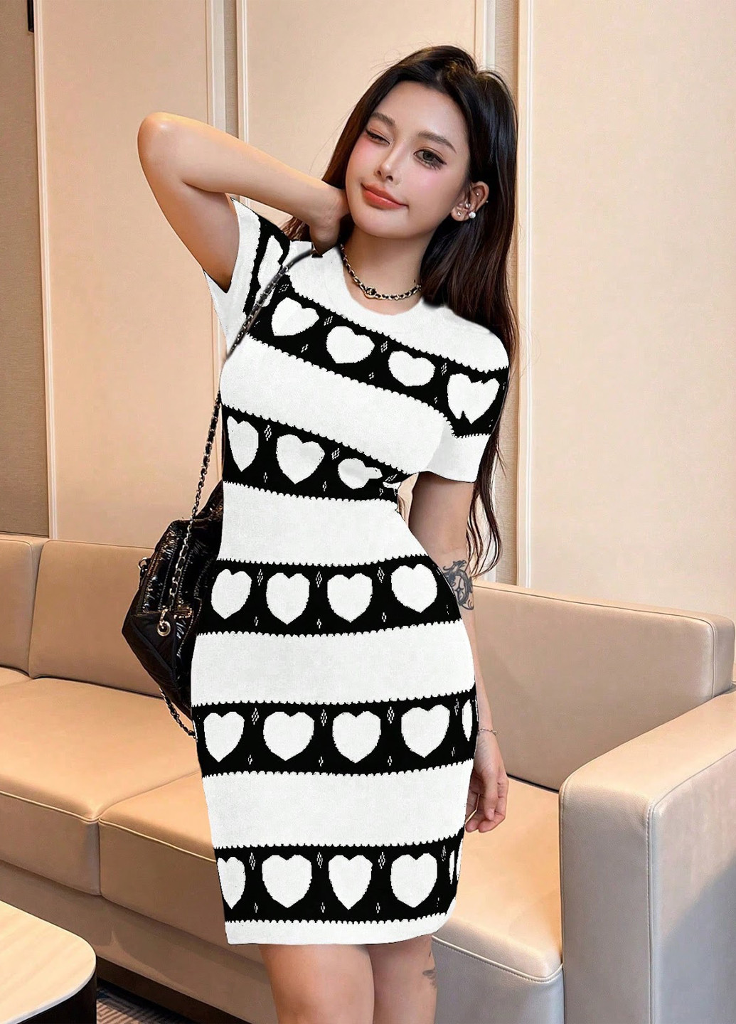 Черно-белое кэжуал платье силуэтная SHEIN сердечки