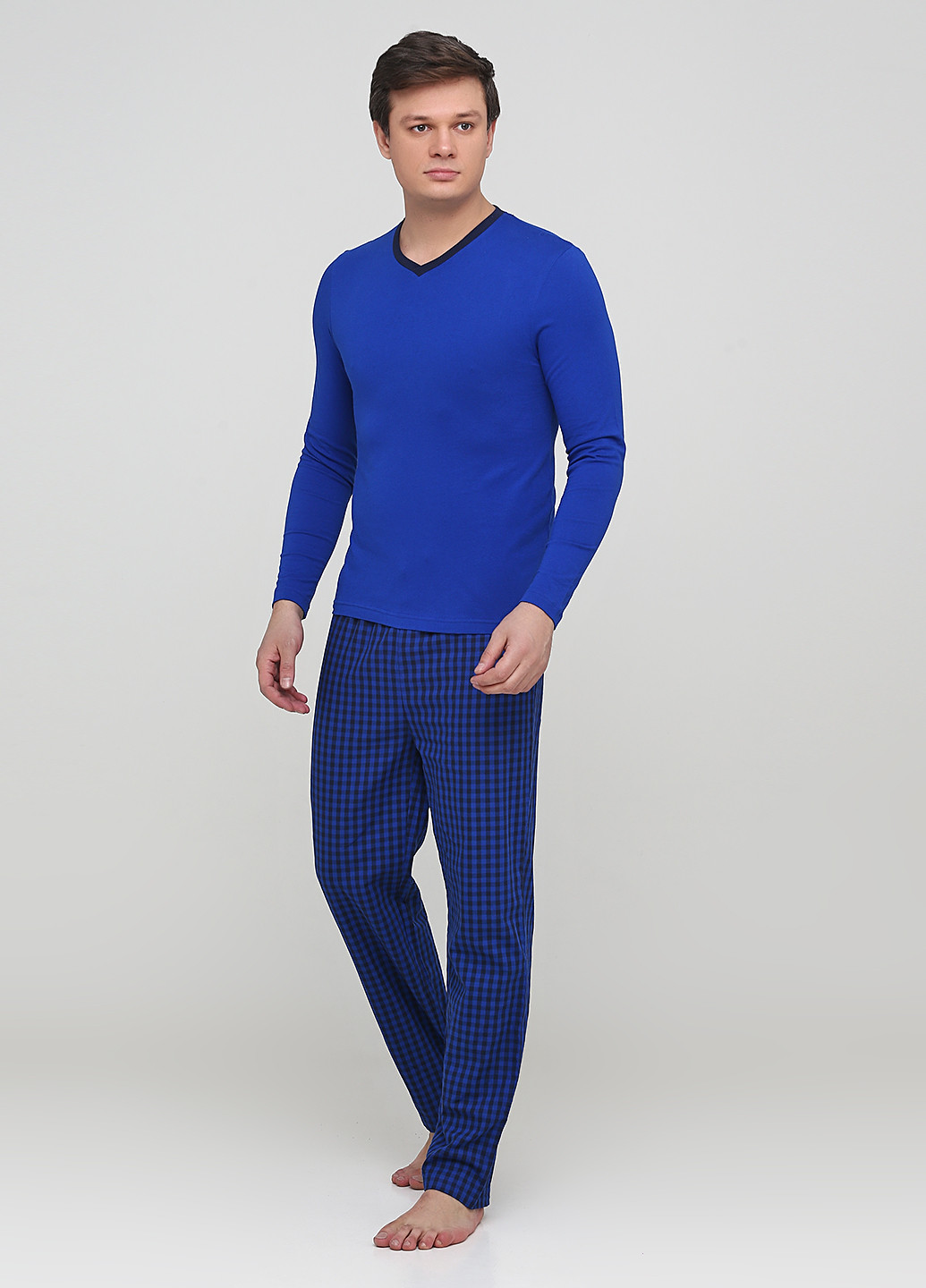 Пижама (лонгслив, брюки) C&A лонгслив + брюки клетка синяя домашняя трикотаж, хлопок
