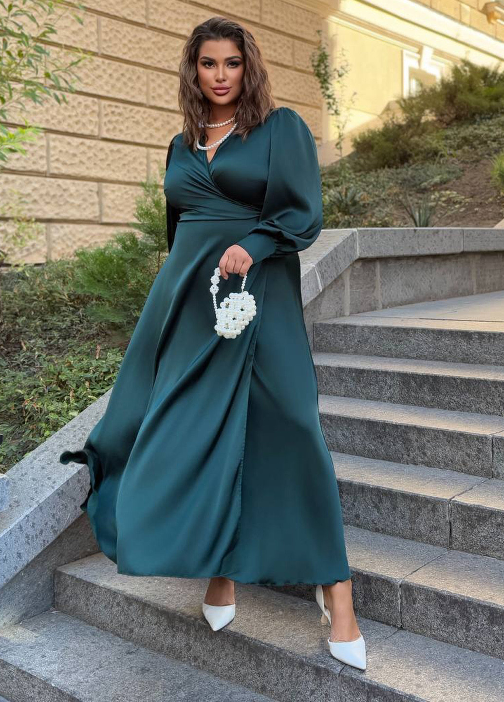 Морской волны праздничный платье на запах No Brand однотонное