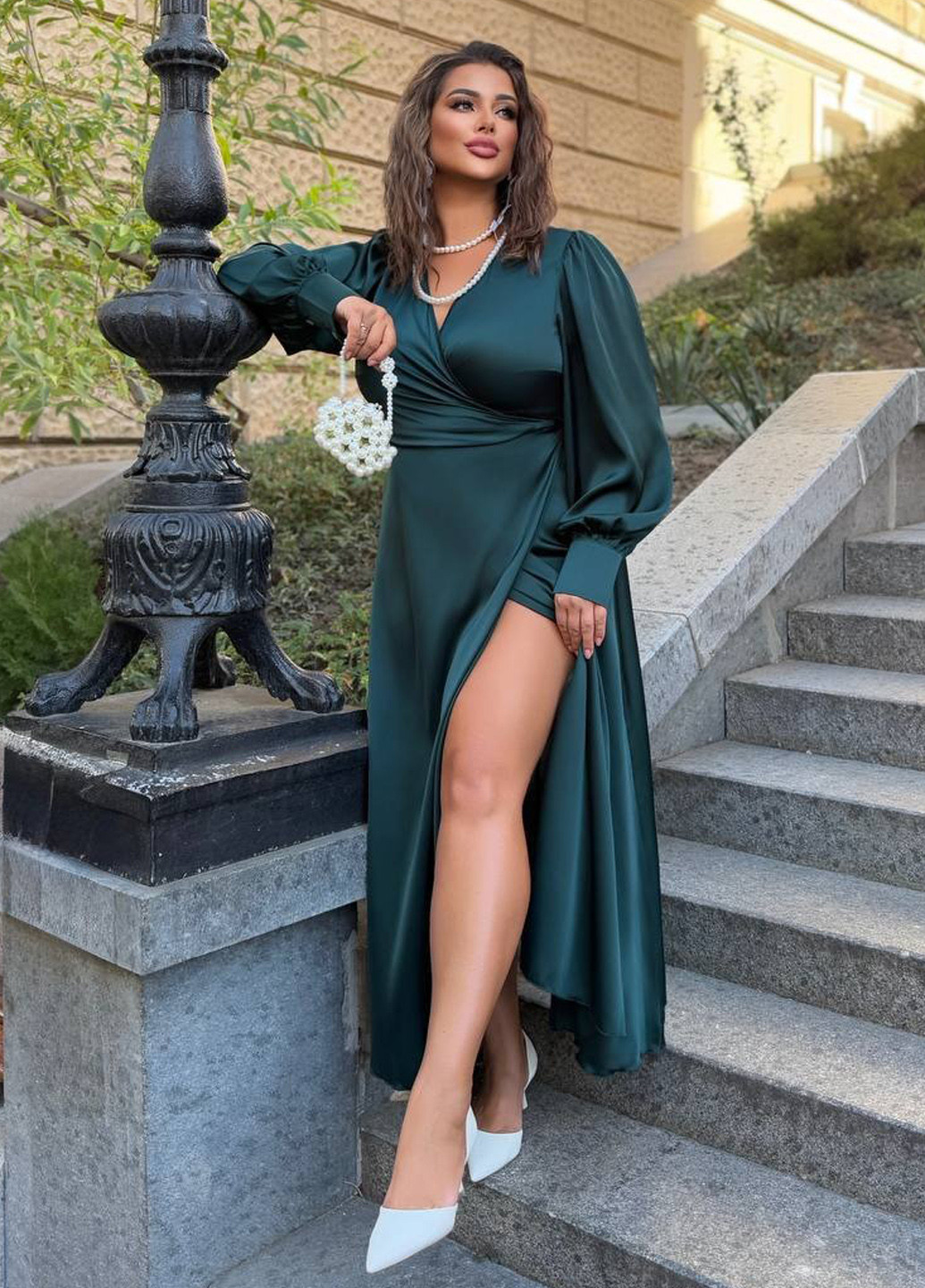 Морской волны праздничный платье на запах No Brand однотонное