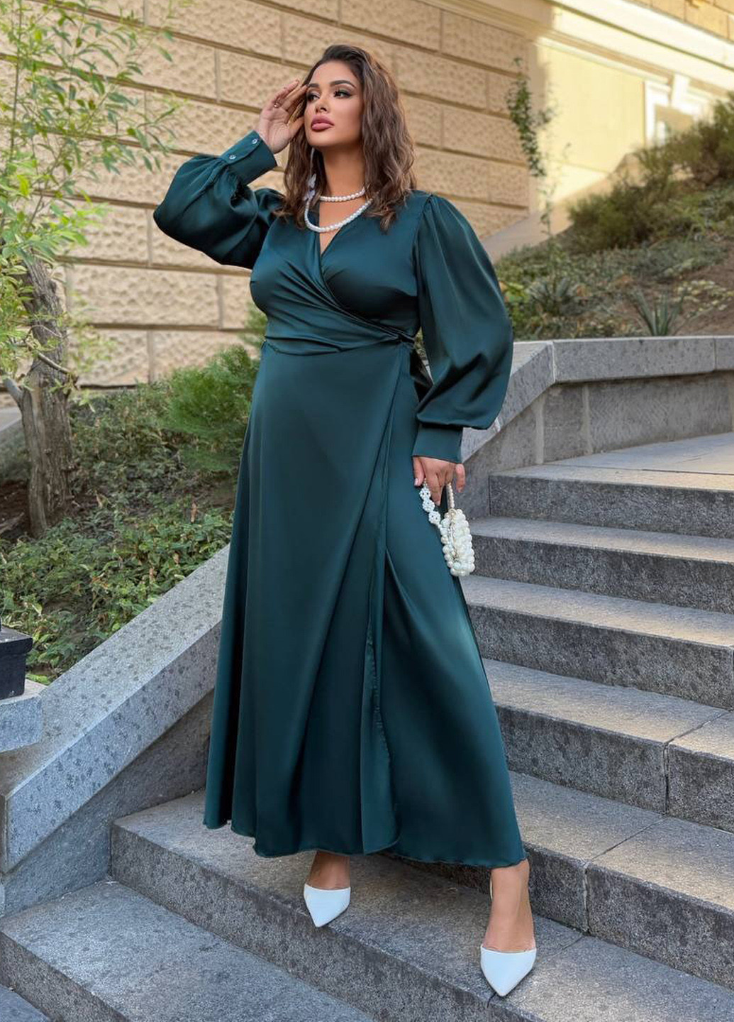 Морской волны праздничный платье на запах No Brand однотонное