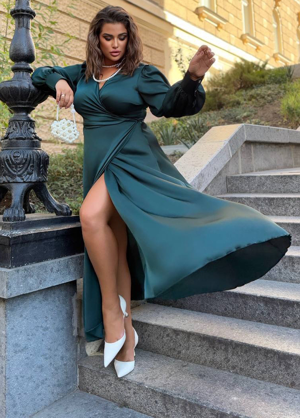 Морской волны праздничный платье на запах No Brand однотонное