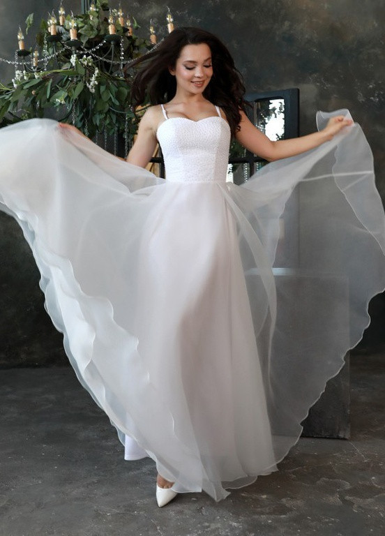Белое кэжуал платье а-силуэт, с юбкой-солнце FashionYouWant однотонное