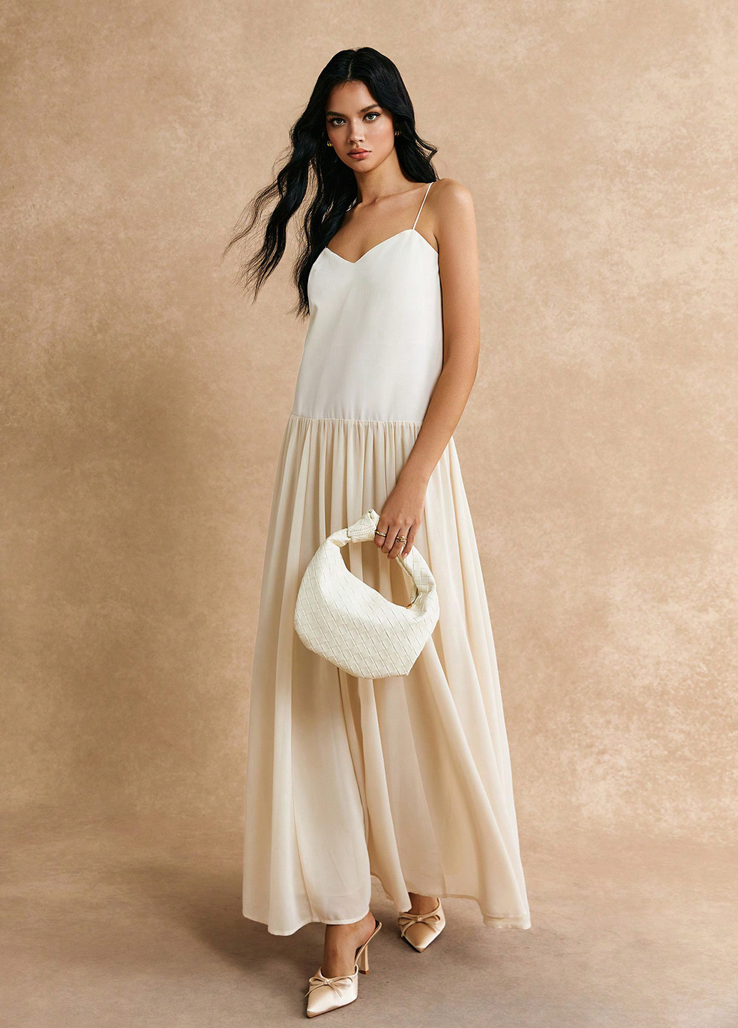 Кремовое праздничный, вечернее, кэжуал, деловое платье клеш, с открытой спиной, платье-майка, а-силуэт SHEIN колор блок