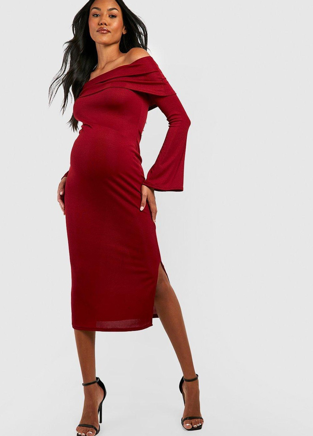 Вишнева кежуал сукня з відкритими плечима Boohoo однотонна