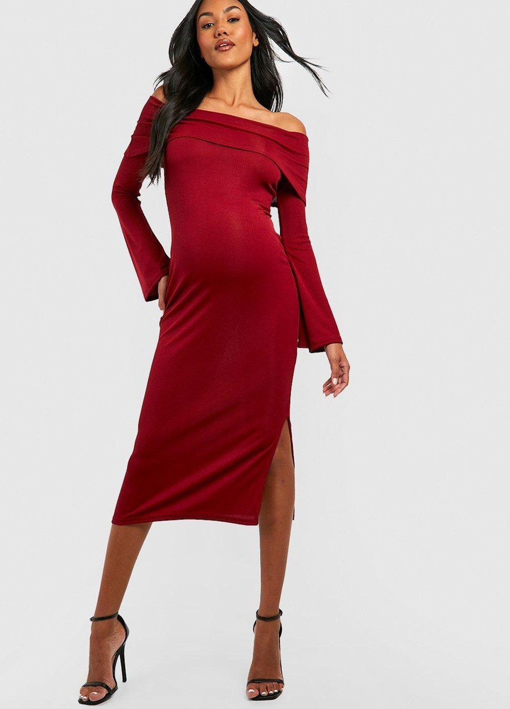 Вишнева кежуал сукня з відкритими плечима Boohoo однотонна