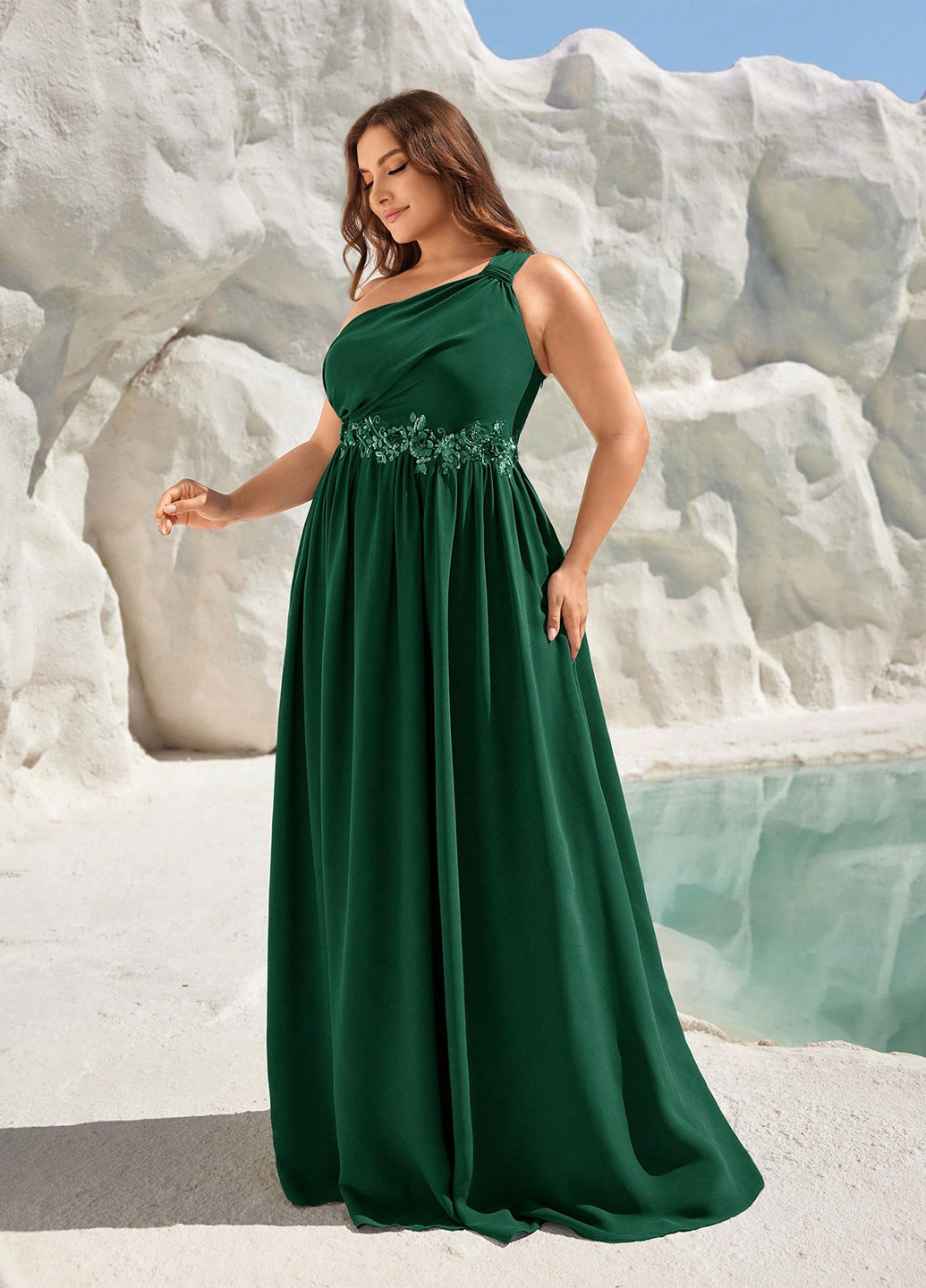 Темно-зелена вечірня сукня кльош, на одне плече SHEIN однотонна