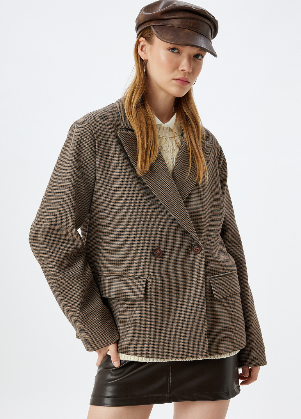 Бежевый женский жакет KOTON с узором пье-де-пуль «гусиная лапка» - демисезонный