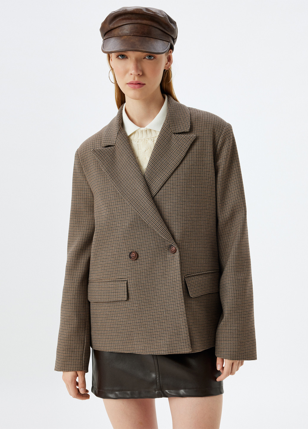 Бежевый женский жакет KOTON с узором пье-де-пуль «гусиная лапка» - демисезонный