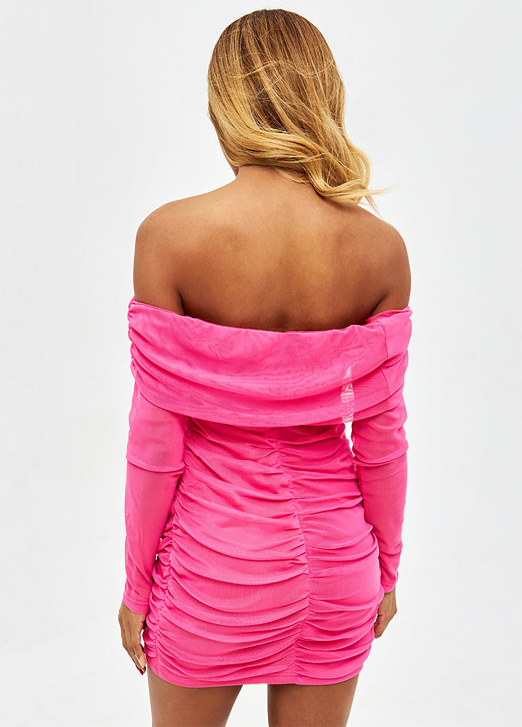 Розовое вечернее платье мини малиновое с сеткой и открытыми плечами Love&Live однотонное