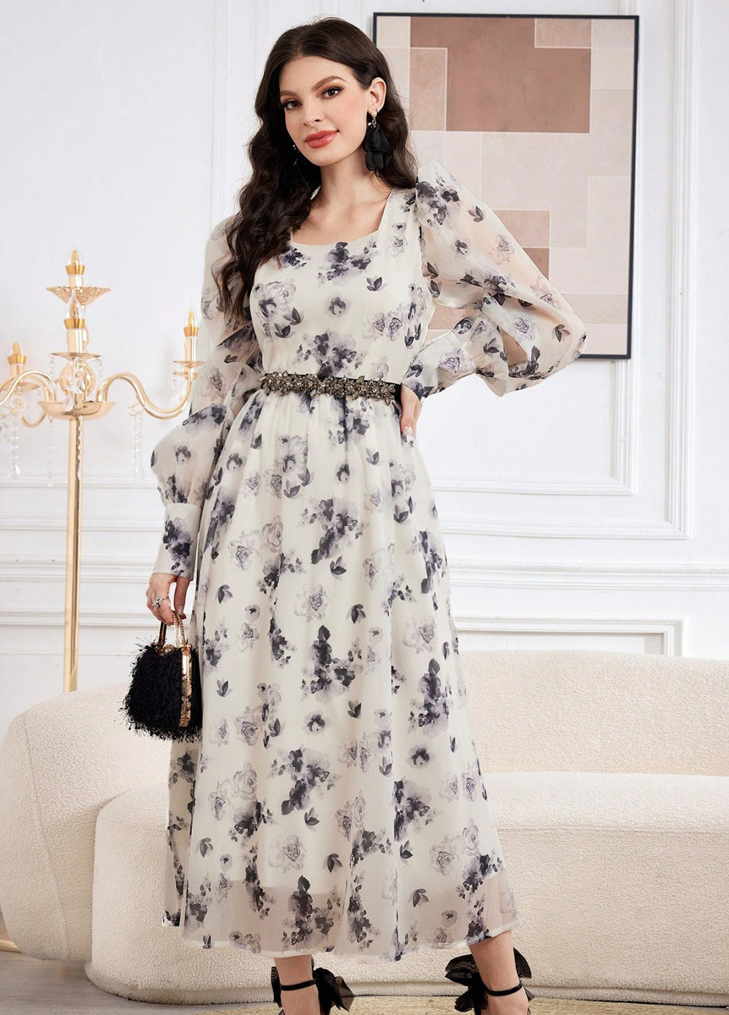Молочна святковий, кежуал сукня кльош SHEIN з квітковим принтом