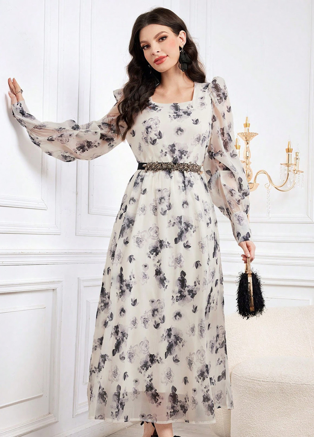 Молочна святковий, кежуал сукня кльош SHEIN з квітковим принтом