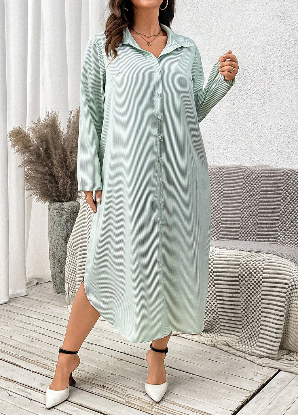 М'ятна святковий, кежуал сукня а-силует, сукня-сорочка SHEIN в смужку